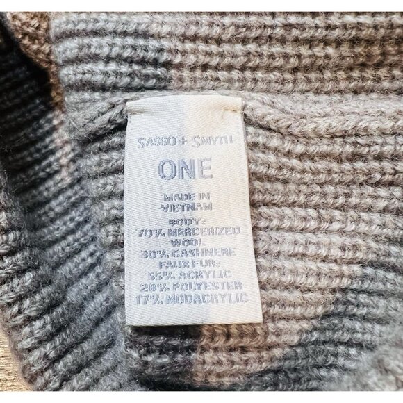 SASSO + SMYTH Ribbed Cuff Faux Fur Pom Beanie in Taupe #F42HS500 NWT - Picture 5 of 6